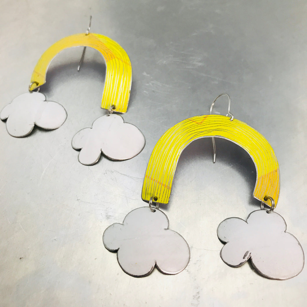 Bright Yellow Etched Rainbows with Puffy Clouds Upcycled Tin Earrings