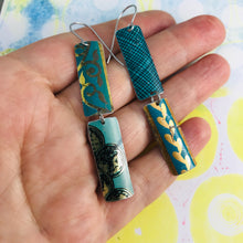 Load image into Gallery viewer, Mixed Aqua &amp; Gold Patterns Rectangles Tin Earrings