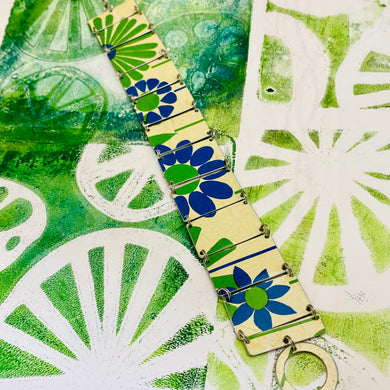 Mod Blue & Green Flowers Upcycled Tin Bracelet