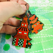 Load image into Gallery viewer, Bright Red Pagodas Upcycled Tin Long Fans Earrings