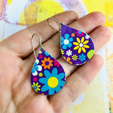 Mod Flowers on Purple Upcycled Teardrop Tin Earrings