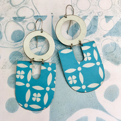Aqua Blue & White Chunky Horseshoes Zero Waste Tin Earrings