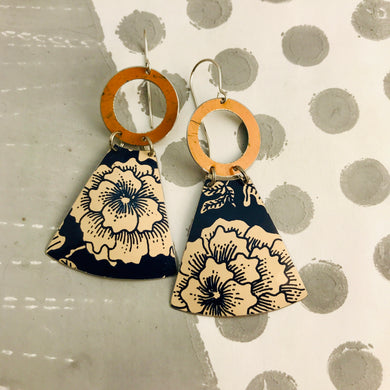 Midnight Blue & Ecru Big Blossoms Small Fans Tin Earrings