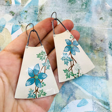 Load image into Gallery viewer, Powdery Blue Flowers Upcycled Tin Long Fans Earrings