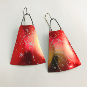 Fireworks on Red Upcycled Vintage Tin Long Fans Earrings