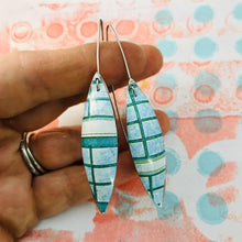Load image into Gallery viewer, Aqua Windows Long Pods Upcycled Tin Leaf Earrings