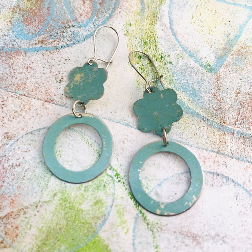 Soft Aqua Upcycled Flower and Ring Tin Earrings