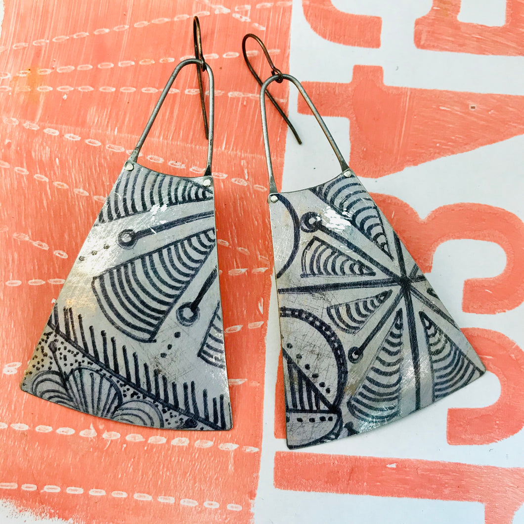 Ink Doodles Upcycled Tin Long Fans Earrings