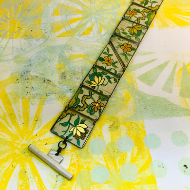 Vintage Gold & Orange Flowers Upcycled Tin Bracelet