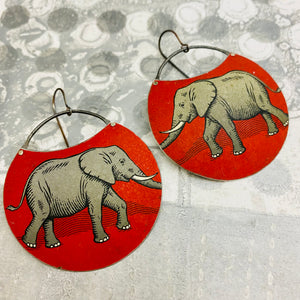 Elephants on Scarlet Circles Upcycled Tin Earrings