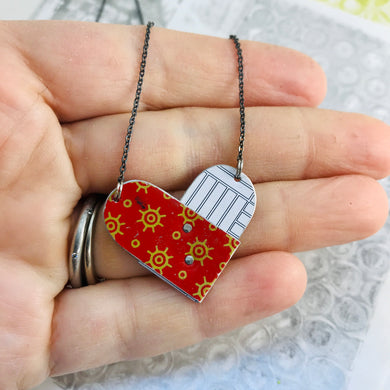 Deep Red & White Tin Folded Heart Reversible Necklace