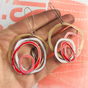 Gold, Snow, Scarlet & Bubblegum Scribbles Again Upcycled Tin Earrings
