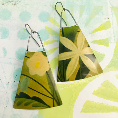 Big Happy Flowers Upcycled Tin Long Fans Earrings