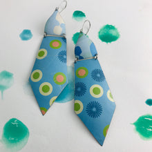 Load image into Gallery viewer, Mod Dots on Blue Upcycled Tin Earrings