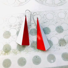 Load image into Gallery viewer, Red &amp; White Long Pyramids Recycled Tin Earrings