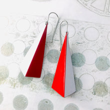 Load image into Gallery viewer, Red &amp; White Long Pyramids Recycled Tin Earrings