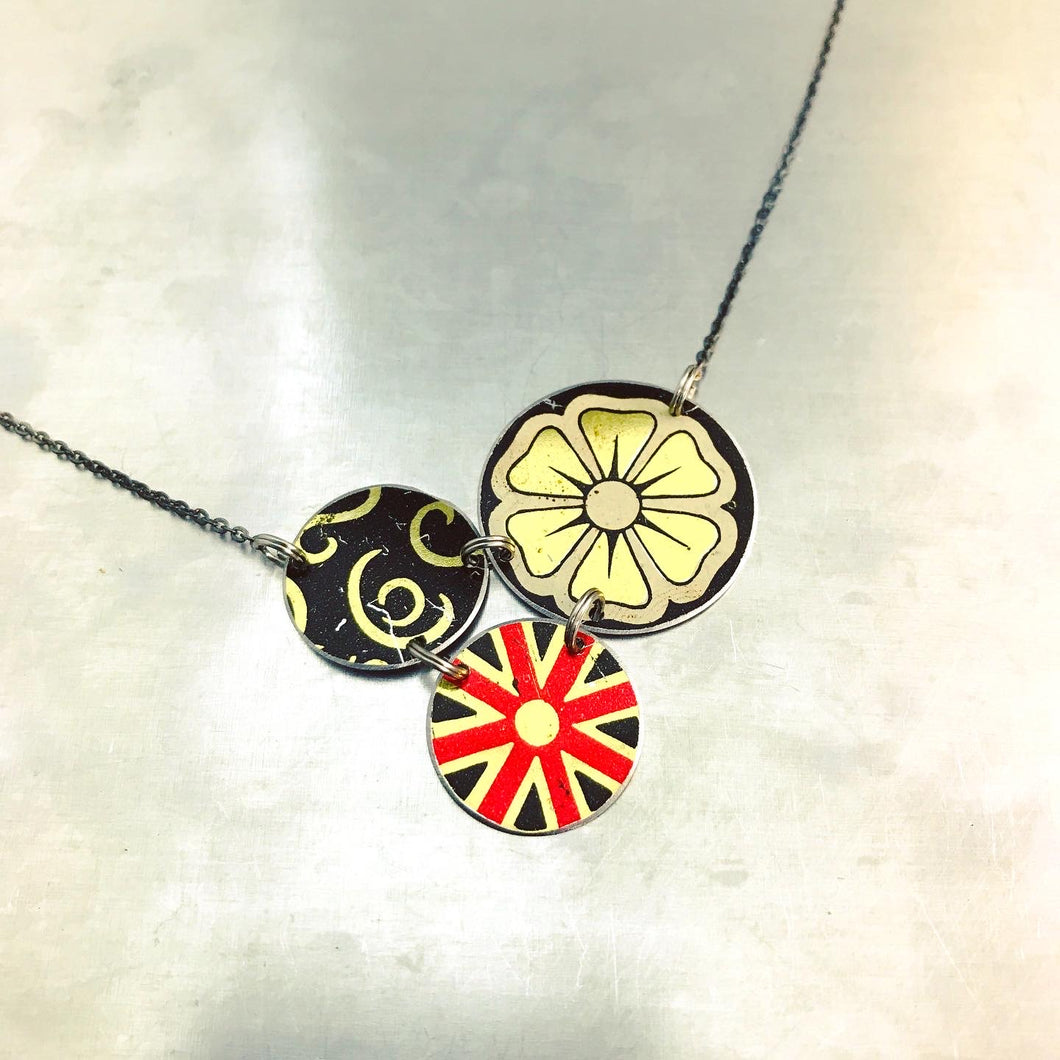 Mixed Black, Gold & Red Circles Upcycled Tin Necklace
