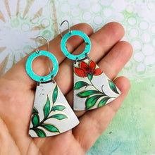Load image into Gallery viewer, Green Leaves Red Flower Small Fan Tin Earrings