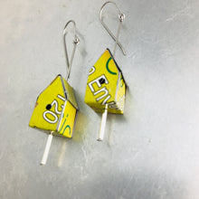 Load image into Gallery viewer, Spring Green &amp; Typography Tiny Tin Birdhouse Earrings