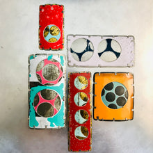 Load image into Gallery viewer, Weathered Red Over Icy Blue Encircled Upcycled Tin Brooch