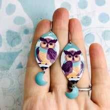 Load image into Gallery viewer, Crescent Moon Owls Upcycled Tin Earrings