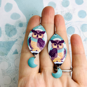 Crescent Moon Owls Upcycled Tin Earrings
