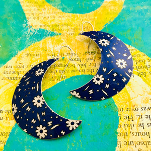 Blue Moons with Little White Flowers Upcycled Tin Earrings