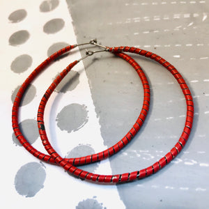 Spiraled Tin Big Warm Red Hoop Earrings