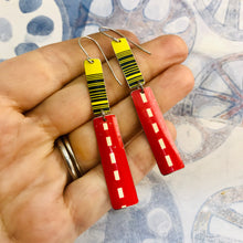Load image into Gallery viewer, Yellow Bar Code &amp; Red Dashed Rectangles Recycled Tin Earrings