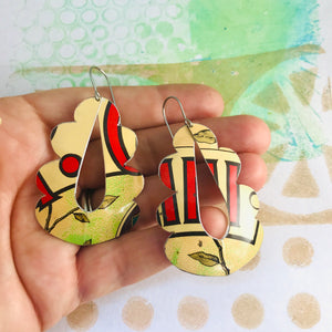 Ecru & Red Wavy Upcycled Tin Earrings