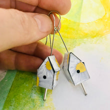 Load image into Gallery viewer, White Daisies Tiny Tin Birdhouse Earrings