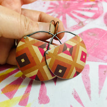 Load image into Gallery viewer, Mod Square Pattern Upcycled Tin Circle Earrings