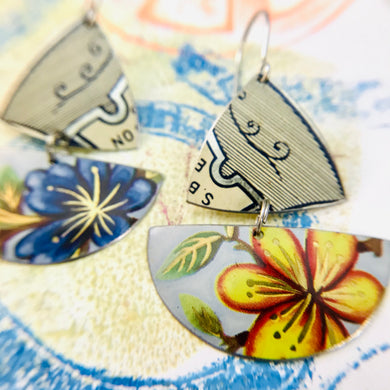 Blue & Yellow Flowers Little Sailboats Tin Earrings