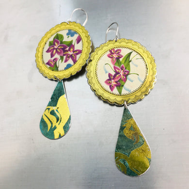 Vintage Violets & Verdigris Long Tin Teardrops Earrings