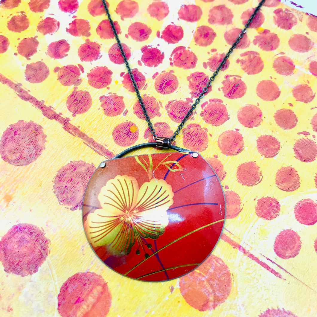 Golden Hibiscus on Red Zero Waste Tin Necklace