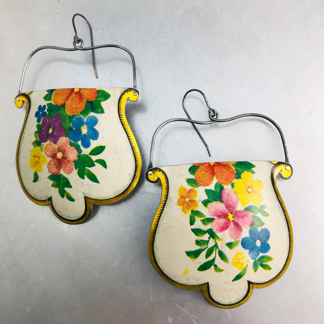 Vintage Flowers on White Rounded Shape Recycled Tin Earrings