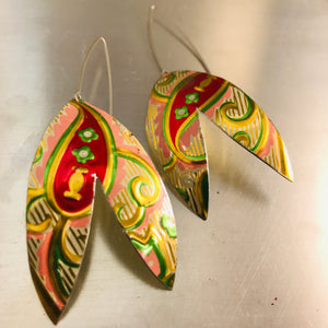 Shimmery Golden & Red Paisley Upcycled Tin Double Leaf Earrings