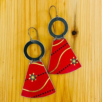 Vibrant Scarlet & Charcoal Small Fans Tin Earrings