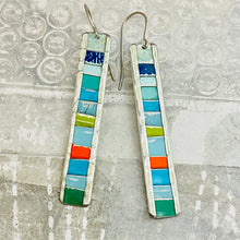 Load image into Gallery viewer, Aquas &amp; Pop of Orange Fenced &amp; Folded Rectangle Tin Earrings