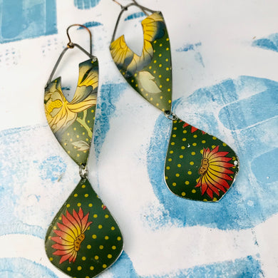 Blue Tipped Blossoms on Polka Dots Zero Waste Earrings