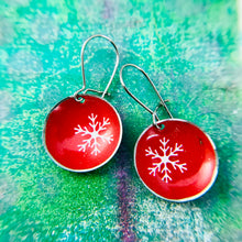 Load image into Gallery viewer, Tiny Snowflakes on Red Tiny Dot Tin Earrings