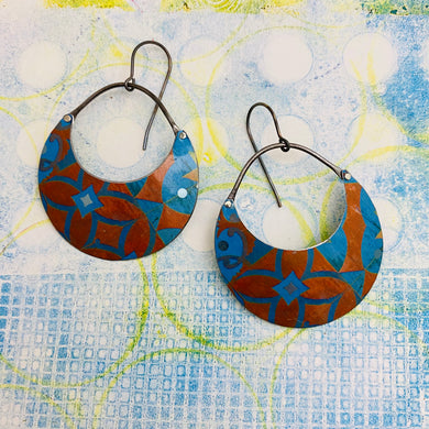 Patterned Blue & Rusty Orange Crescent Circles Tin Earrings