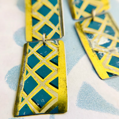 Creamy Lattice on True Blue Rectangles Tin Earrings