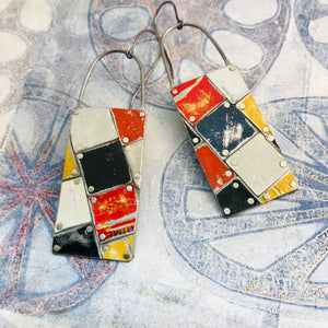 Black, White, Red & Pops of Yellow Tesserae Arched Wire Tin Earrings