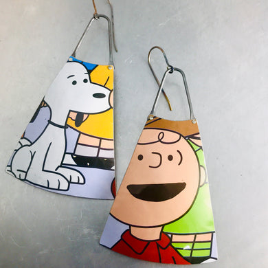 charlie brown and snoopy upcycled tin earrings by christine terrell for adaptive reuse