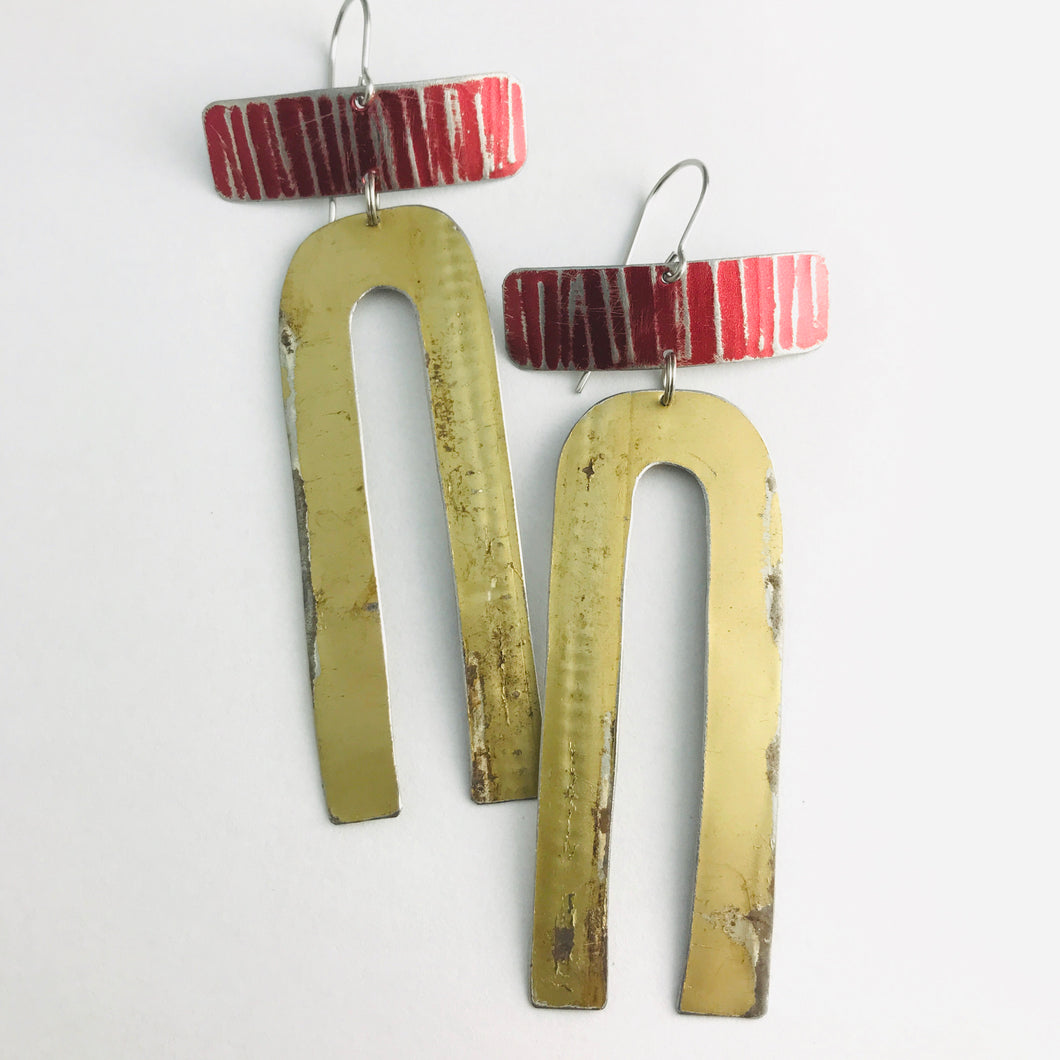 Antique Gold Horseshoe & Red Rectangles Zero Waste Tin Earrings