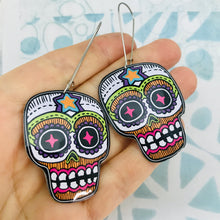 Load image into Gallery viewer, Square Jawed Sugar Skulls Upcycled Tin Earrings