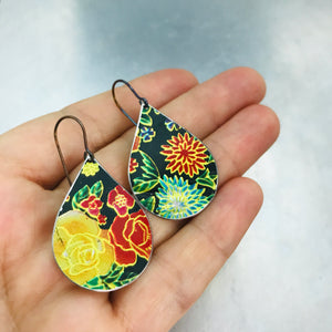 Bright Flowers on Black Upcycled Tin Teardrop Earrings