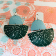 Load image into Gallery viewer, Matte Aqua &amp; Forest Spirograph Upcycled Tin Boat Earrings