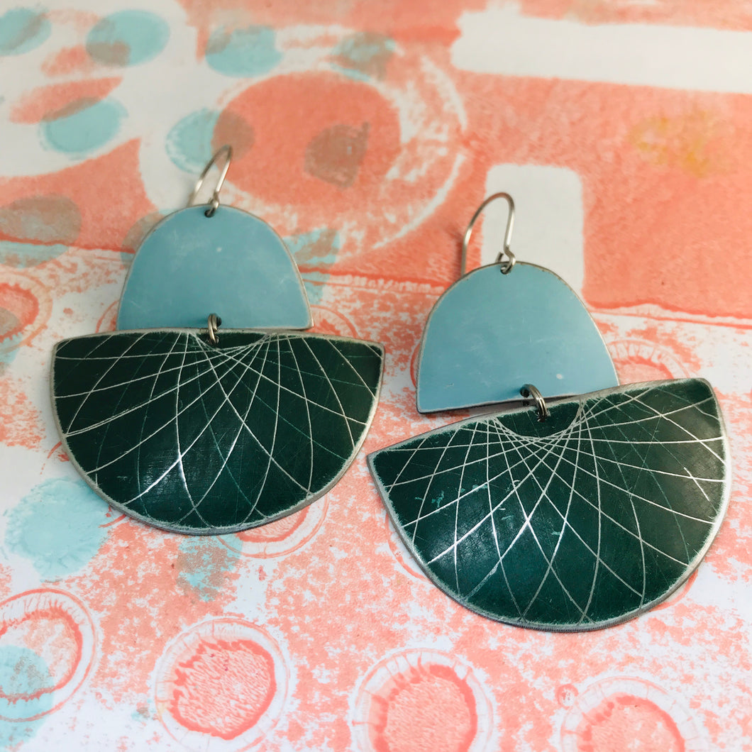 Matte Aqua & Forest Spirograph Upcycled Tin Boat Earrings